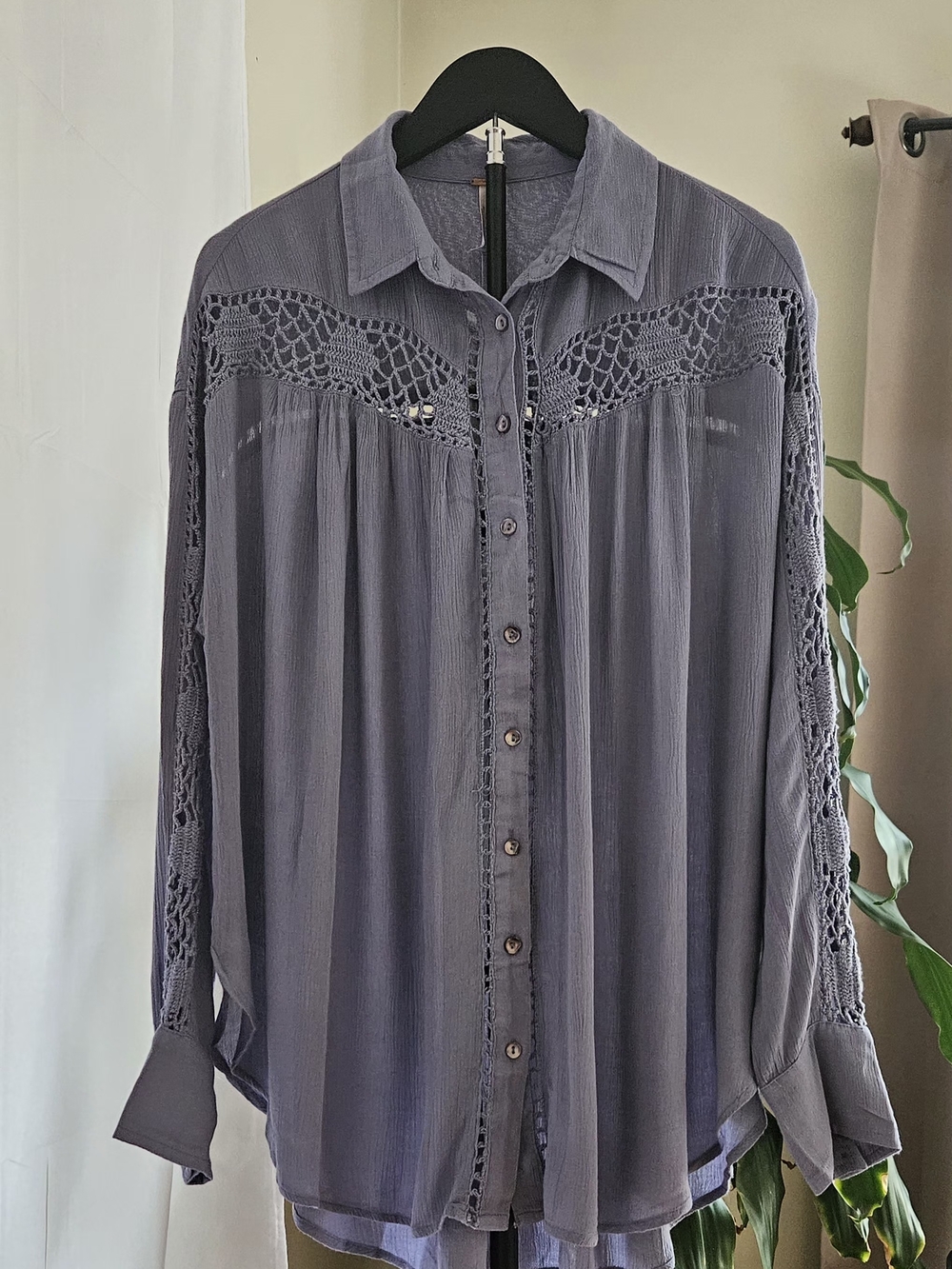 NWT Free People Blue Crochet Inset Button Down Gauze Blouse Boho Top Size S - Picture 10 of 14